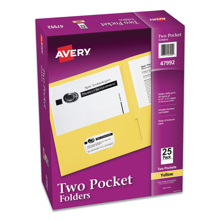 Avery® Two-Pocket Folder, 40-Sheet Capacity, 11 x 8.5, Yellow, 25/Box (AVE47992)