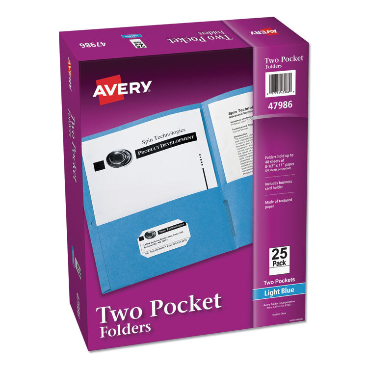 Avery® Two-Pocket Folder, 40-Sheet Capacity, 11 x 8.5, Light Blue, 25/Box (AVE47986)