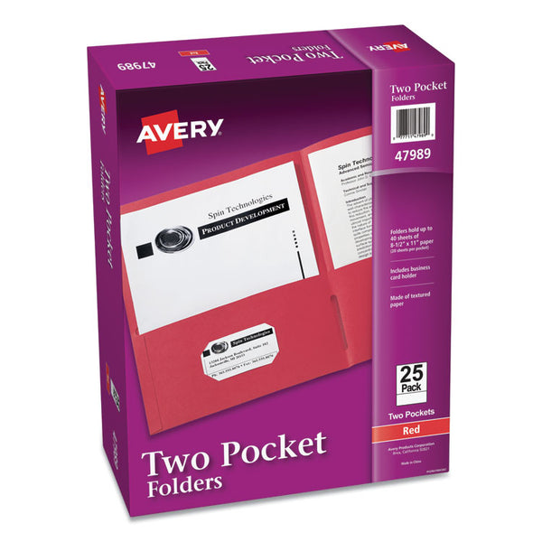 Avery® Two-Pocket Folder, 40-Sheet Capacity, 11 x 8.5, Red, 25/Box (AVE47989)