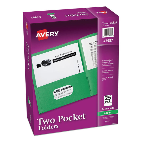 Avery® Two-Pocket Folder, 40-Sheet Capacity, 11 x 8.5, Green, 25/Box (AVE47987)