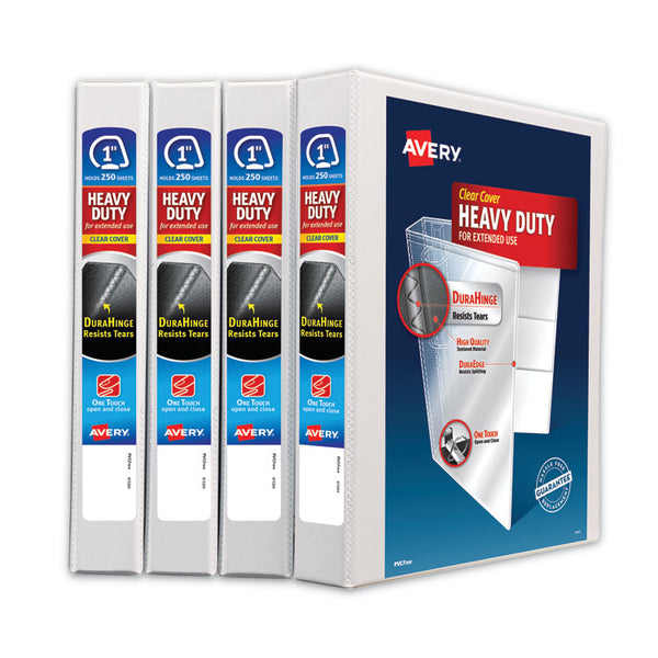Avery® Heavy-Duty Non Stick View Binder with DuraHinge and Slant Rings, 3 Rings, 1" Capacity, 11 x 8.5, White, 4/Pack (AVE79780)