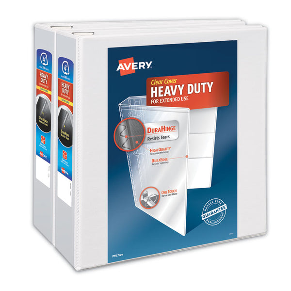 Avery® Heavy-Duty Non Stick View Binder with DuraHinge and Slant Rings, 3 Rings, 4" Capacity, 11 x 8.5, White, 2/Pack (AVE79875)