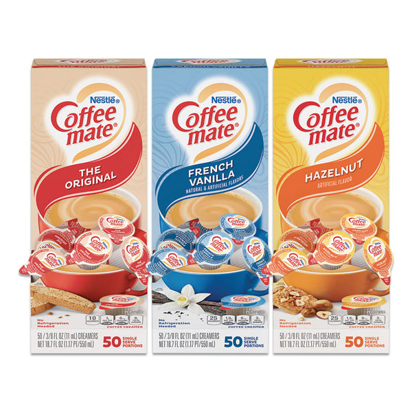 Coffee mate® Liquid Coffee Creamer, French Vanilla/Hazelnut/Original, 0.38 oz Mini Cups, 150 Cups/Carton (NES46193CT)