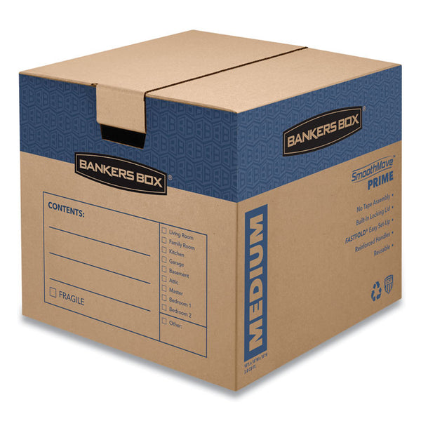 Bankers Box® SmoothMove Prime Moving/Storage Boxes, Hinged Lid, Regular Slotted Container, Medium, 18" x 18" x 16", Brown/Blue, 8/Carton (FEL0062801)