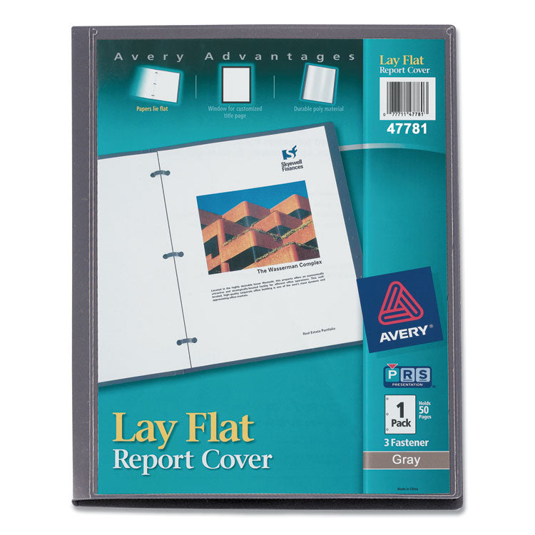 Avery® Lay Flat View Report Cover, Flexible Fastener, 0.5" Capacity, 8.5 x 11, Clear/Gray (AVE47781)