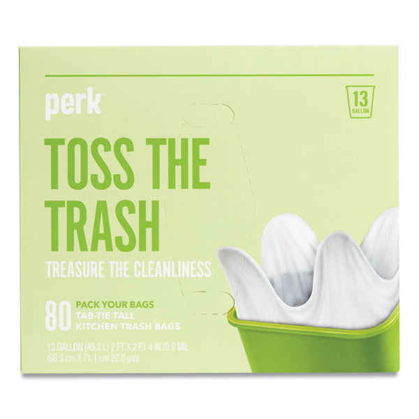 Perk™ Tab-Tie Tall Kitchen Trash Bags, 13 gal, 0.9 mil, 28" x 24", White, 80/Box (PRK24377881) Box of 80