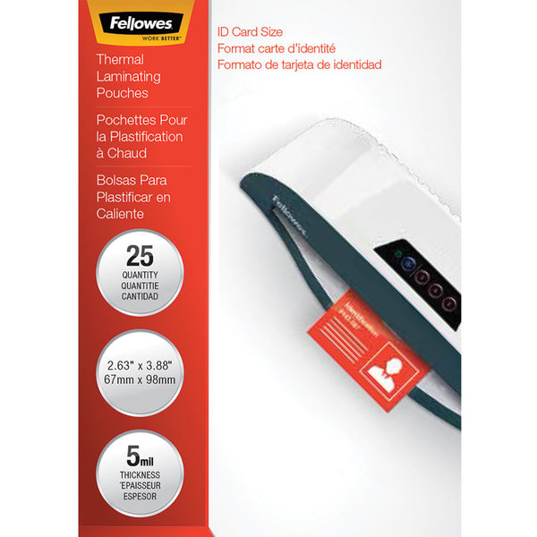 Fellowes® Laminating Pouches, 5 mil, 3.88" x 2.63", Gloss Clear, 25/Pack (FEL52007)