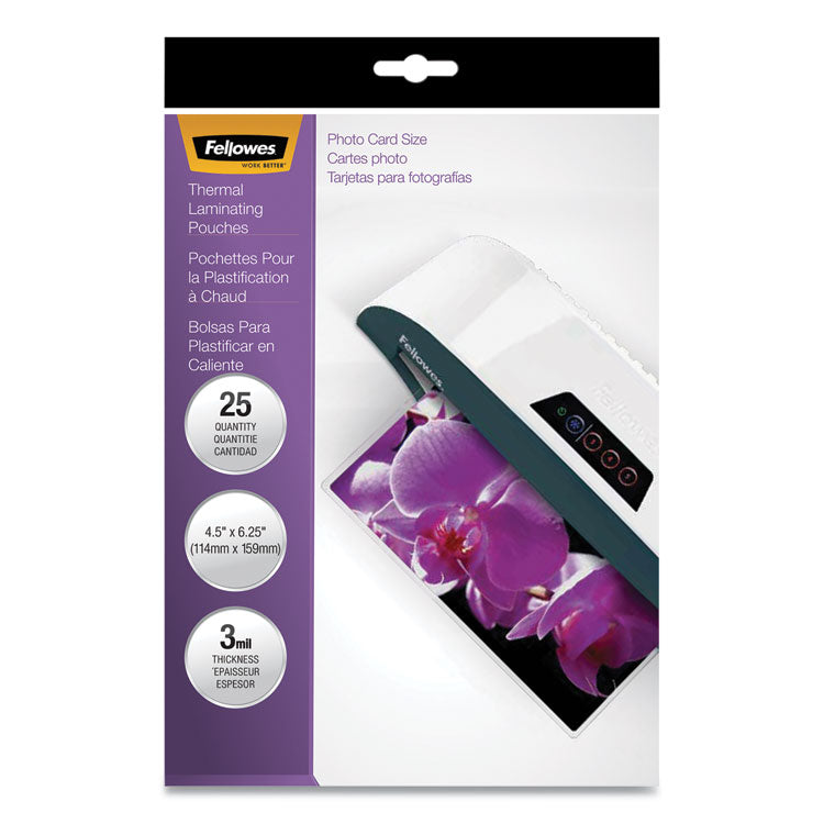 Fellowes® Laminating Pouches, 3 mil, 4.5" x 6.25", Gloss Clear, 25/Pack (FEL5208301)