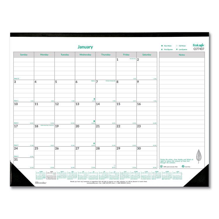 Brownline® EcoLogix Monthly Desk Pad Calendar, 22 x 17, White/Green Sheets, Black Binding/Corners, 12-Month (Jan to Dec): 2024 (REDC177437)