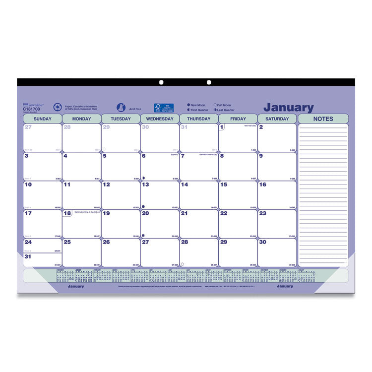 Brownline® Monthly Desk Pad Calendar, 17.75 x 10.88, White/Blue/Green Sheets, Black Binding, Clear Corners, 12-Month (Jan to Dec): 2024 (REDC181700)