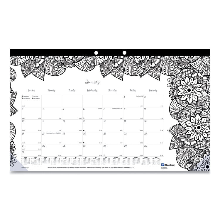 Blueline® Monthly Desk Pad Calendar, DoodlePlan Coloring Pages, 17.75 x 10.88, Black Binding, Clear Corners, 12-Month (Jan-Dec): 2024 (REDC2917001)