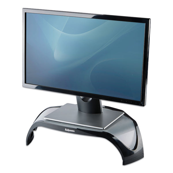 Fellowes® Smart Suites Corner Monitor Riser, For 21" Monitors, 18.5" x 12.5" x 3.88" to 5.13", Black/Clear Frost, Supports 40 lbs (FEL8020101)