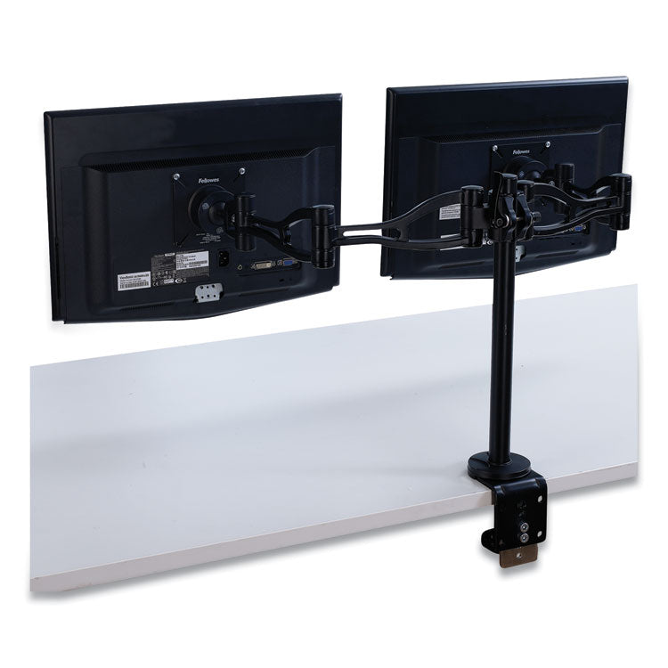 Fellowes® Professional Series Depth Adjustable Dual Monitor Arm, 360 deg Rotation, 37 deg Tilt, 360 deg Pan, Black, Supports 24 lb (FEL8041701)