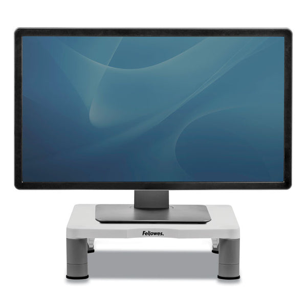 Fellowes® Standard Monitor Riser, For 21" Monitors, 13.38" x 13.63" x 2" to 4", Platinum/Graphite, Supports 60 lbs (FEL91712)