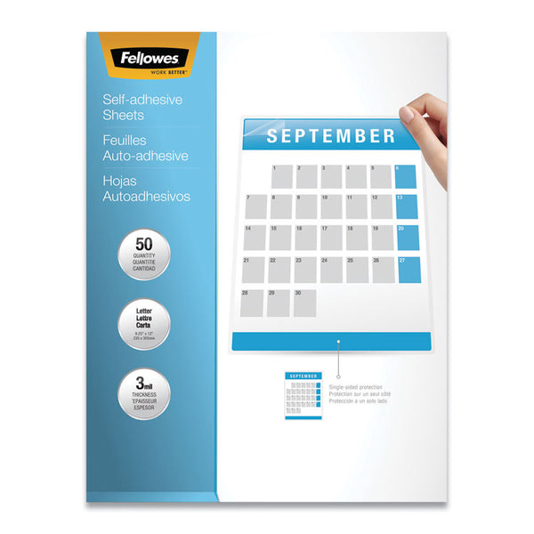 Fellowes® Self-Adhesive Laminating Sheets, 3 mil, 9.25" x 12", Gloss Clear, 50/Box (FEL5221502)