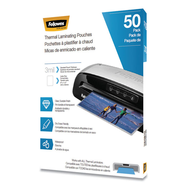 Fellowes® Thermal Laminating Pouches, 3 mil, 9" x 11.5", Matte Clear, 50/Pack (FEL5744301)