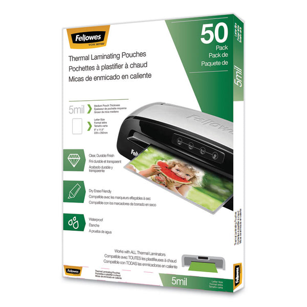 Fellowes® Thermal Laminating Pouches, 5 mil, 9" x 11.5", Matte Clear, 50/Pack (FEL5744501)