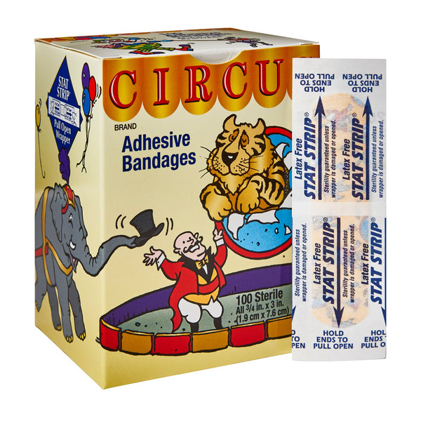American® White Cross Stat Strip® Adhesive Strip 3/4 X 3 Inch Fabric Rectangle Kid Design (Circus) Sterile (296235_BX) 100/BX