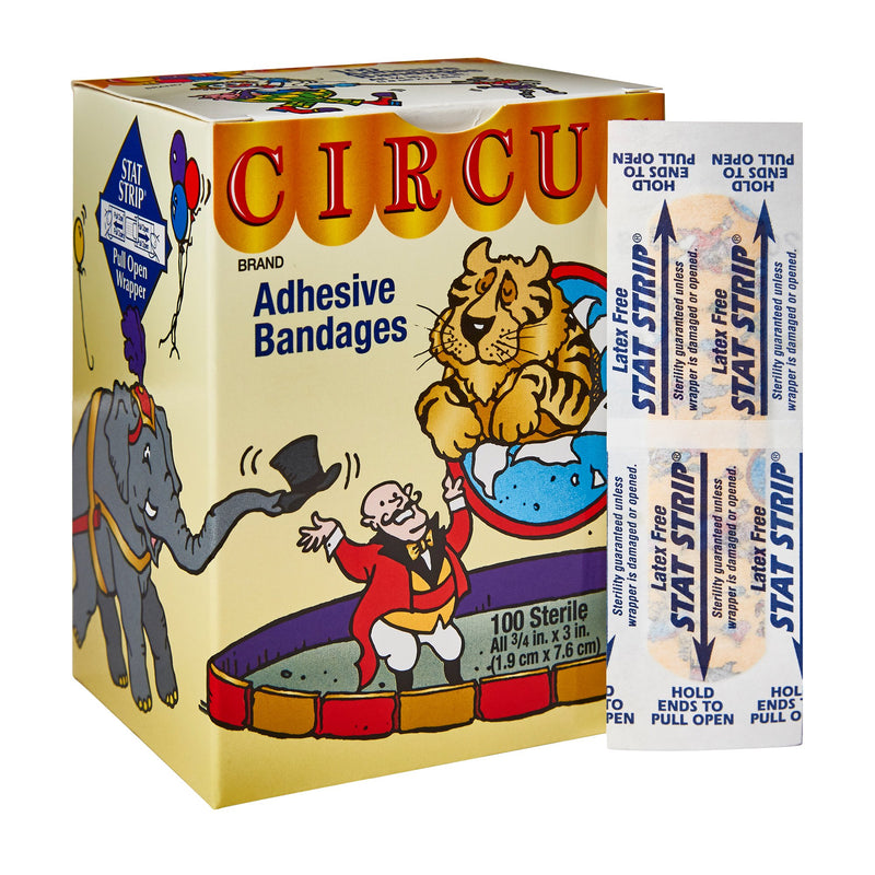American® White Cross Stat Strip® Adhesive Strip 3/4 X 3 Inch Fabric Rectangle Kid Design (Circus) Sterile (296235_BX) 100/BX