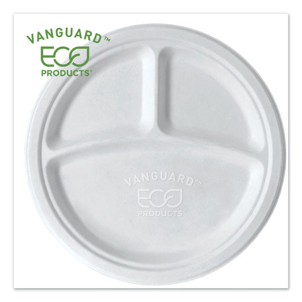 Eco-Products® Vanguard Renewable and Compostable Sugarcane Plates, 3-Compartment, 10" dia, White, 500/Carton (ECOEPP007NFA)