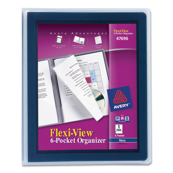 Avery® Flexi-View Six-Pocket Polypropylene Organizer, 150-Sheet Capacity, 11 x 8.5, Translucent/Navy (AVE47696)