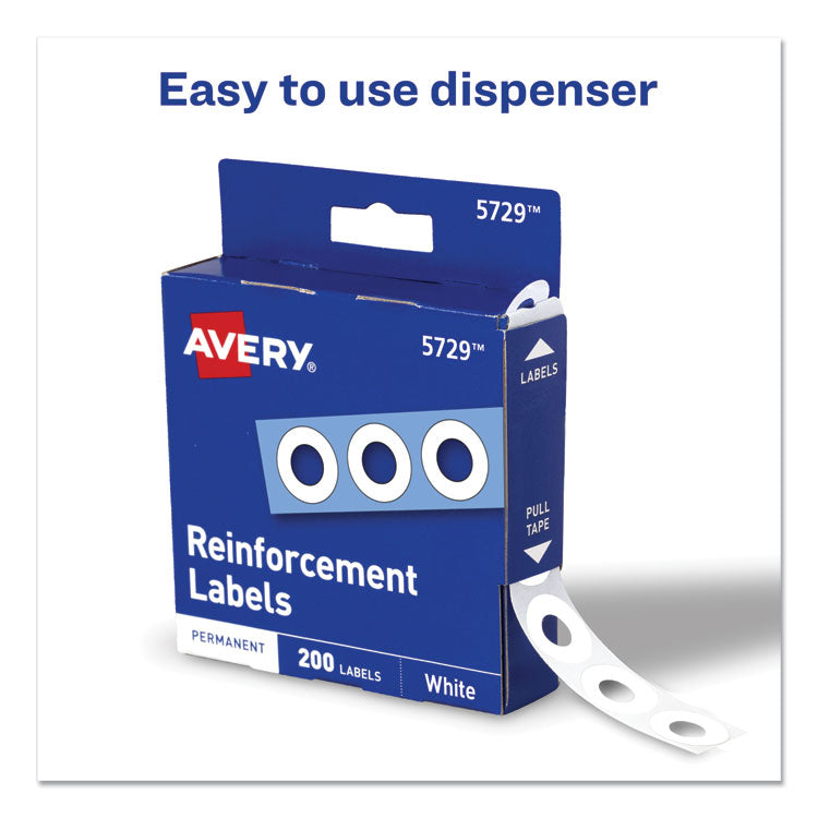 Avery® Dispenser Pack Hole Reinforcements, 0.25" Dia, White, 200/Pack, (5729) (AVE05729)