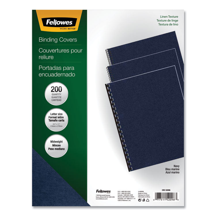 Fellowes® Expressions Linen Texture Presentation Covers for Binding Systems, Navy, 11 x 8.5, Unpunched, 200/Pack (FEL52098)