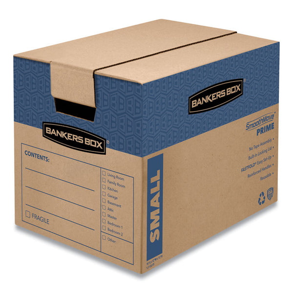 Bankers Box® SmoothMove Prime Moving/Storage Boxes, Hinged Lid, Regular Slotted Container, Small, 12" x 16" x 12", Brown/Blue, 10/Carton (FEL0062701)