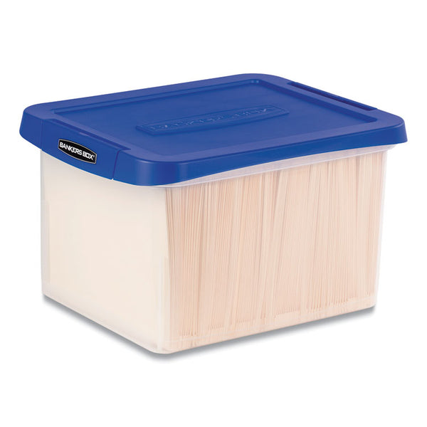 Bankers Box® Heavy Duty Plastic File Storage, Letter/Legal Files, 14" x 17.38" x 10.5", Clear/Blue (FEL0086201) Each