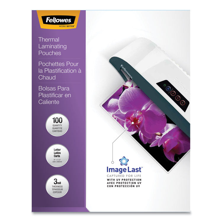 Fellowes® ImageLast Laminating Pouches with UV Protection, 3 mil, 9" x 11.5", Clear, 100/Pack (FEL52454)