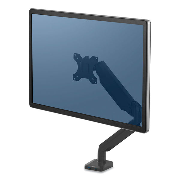 Fellowes® Platinum Series Single Monitor Arm, For 30" Monitors, 360 deg Rotation, 180 deg Tilt, 360 deg Pan, Black, Supports 20 lb (FEL8043301)