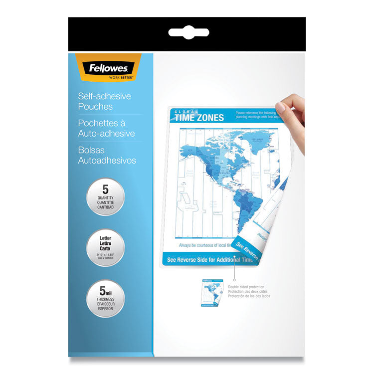 Fellowes® Self-Adhesive Laminating Pouches, 5 mil, 9" x 11.5", Gloss Clear, 5/Pack (FEL52205) Pack of 5