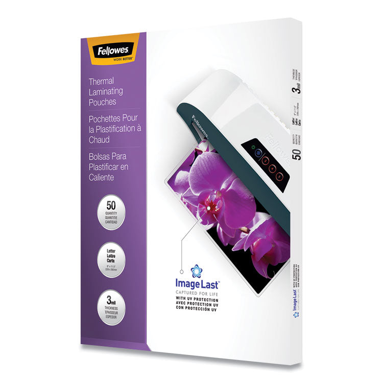 Fellowes® ImageLast Laminating Pouches with UV Protection, 3 mil, 9" x 11.5", Clear, 50/Pack (FEL52225)