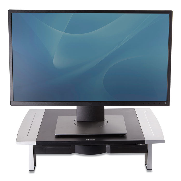 Fellowes® Office Suites Standard Monitor Riser, For 21" Monitors, 19.78" x 14.06" x 4" to 6.5", Black/Silver, Supports 80 lbs (FEL8031101)