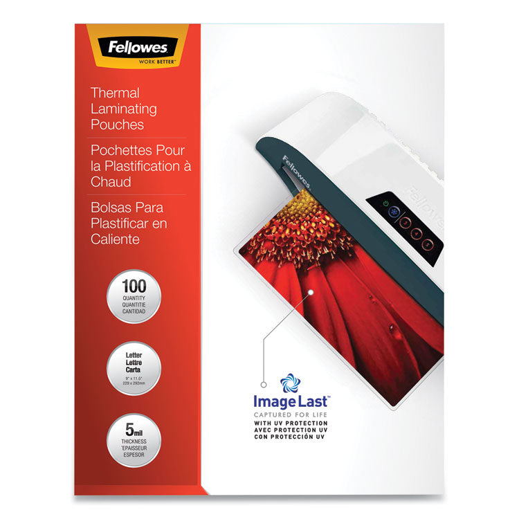 Fellowes® ImageLast Laminating Pouches with UV Protection, 5 mil, 9" x 11.5", Clear, 100/Pack (FEL52040)