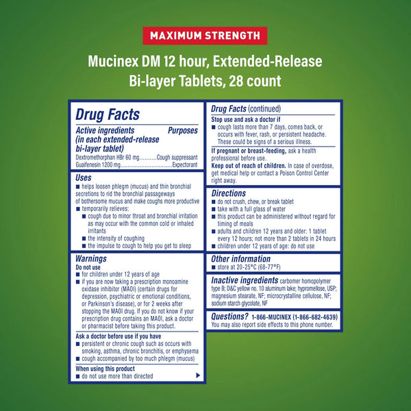Mucinex® DM Cold and Cough Relief 1,200 mg - 60 mg Strength Tablet 28 per Box (1101457_BX) 28/BX