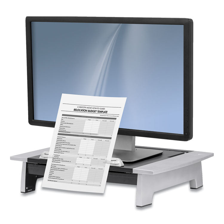 Fellowes® Office Suites Monitor Riser Plus, 19.88" x 14.06" x 4" to 6.5", Black/Silver, Supports 80 lbs (FEL8036601)