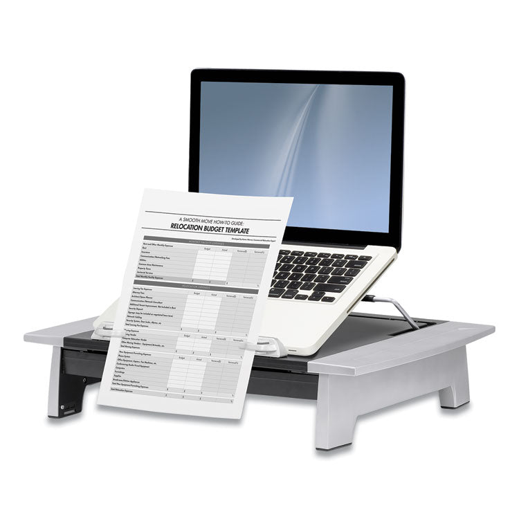 Fellowes® Office Suites Monitor Riser Plus, 19.88" x 14.06" x 4" to 6.5", Black/Silver, Supports 80 lbs (FEL8036601)