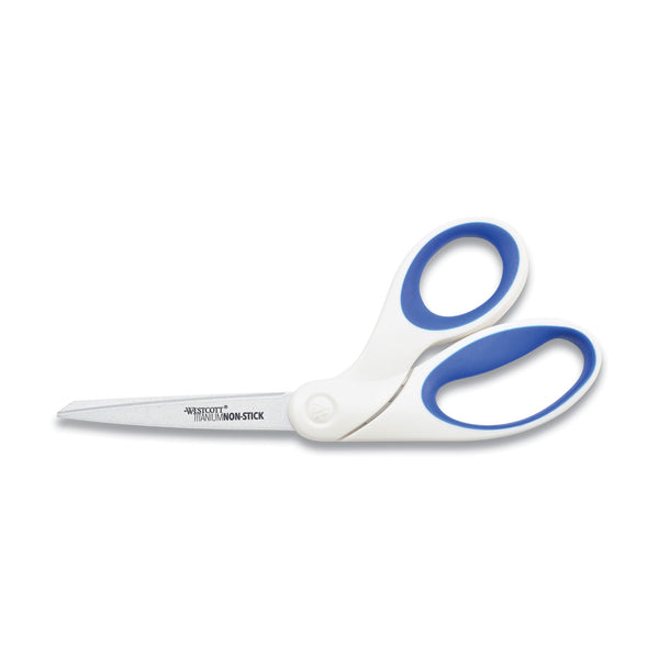 Westcott® Non-Stick Titanium Bonded Scissors, 8" Long, 3.25" Cut Length, Crane-Style White/Blue Handle (ACM16578) Each
