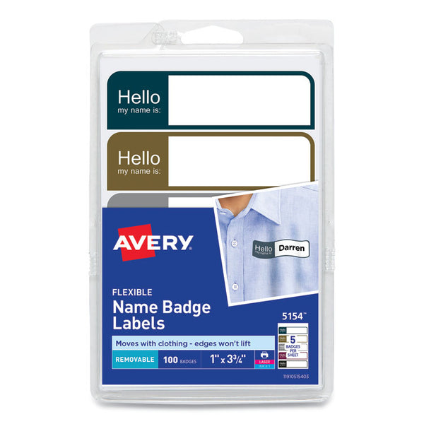 Avery® Flexible Self-Adhesive Mini Name Badge Labels, 1 x 3.75, Hello, Assorted, 100/Pack (AVE5154)