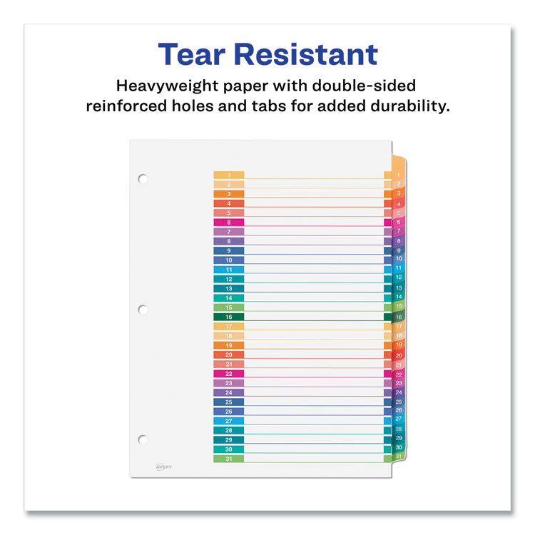 Avery® Customizable Table of Contents Ready Index Multicolor Dividers, 31-Tab, 1 to 31, 11 x 8.5, White, 6 Sets (AVE11831)