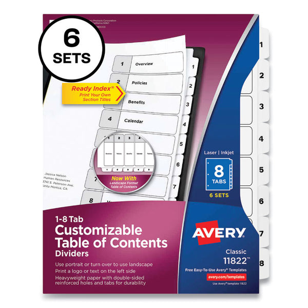 Avery® Customizable Table of Contents Ready Index Black and White Dividers, 8-Tab, 1 to 8, 11 x 8.5, White, 6 Sets (AVE11822)