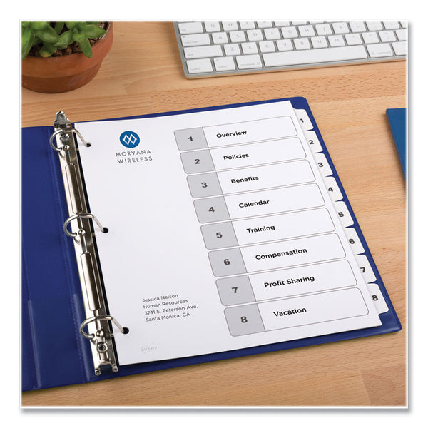 Avery® Customizable Table of Contents Ready Index Black and White Dividers, 8-Tab, 1 to 8, 11 x 8.5, White, 6 Sets (AVE11822)