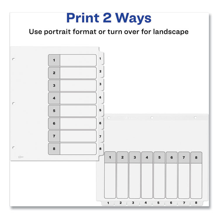 Avery® Customizable Table of Contents Ready Index Black and White Dividers, 8-Tab, 1 to 8, 11 x 8.5, White, 6 Sets (AVE11822)