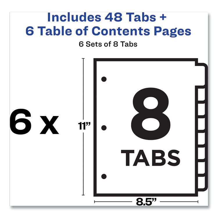 Avery® Customizable Table of Contents Ready Index Black and White Dividers, 8-Tab, 1 to 8, 11 x 8.5, White, 6 Sets (AVE11822)