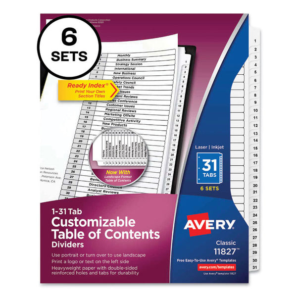 Avery® Customizable Table of Contents Ready Index Black and White Dividers, 31-Tab, 1 to 31, 11 x 8.5, White, 6 Sets (AVE11827)