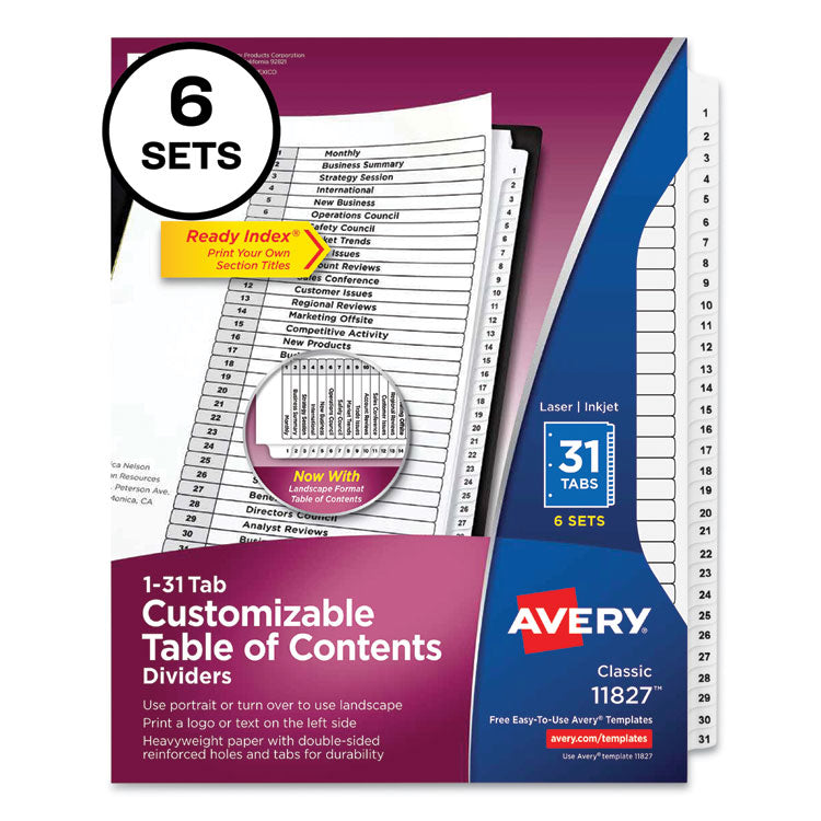 Avery® Customizable Table of Contents Ready Index Black and White Dividers, 31-Tab, 1 to 31, 11 x 8.5, White, 6 Sets (AVE11827) Pack of 6