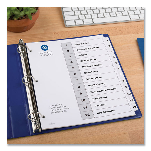 Avery&reg; Customizable Table of Contents Ready Index Black and White Dividers, 12-Tab, 1 to 12, 11 x 8.5, 6 Sets (AVE11824)