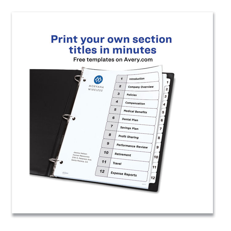 Avery&reg; Customizable Table of Contents Ready Index Black and White Dividers, 12-Tab, 1 to 12, 11 x 8.5, 6 Sets (AVE11824)