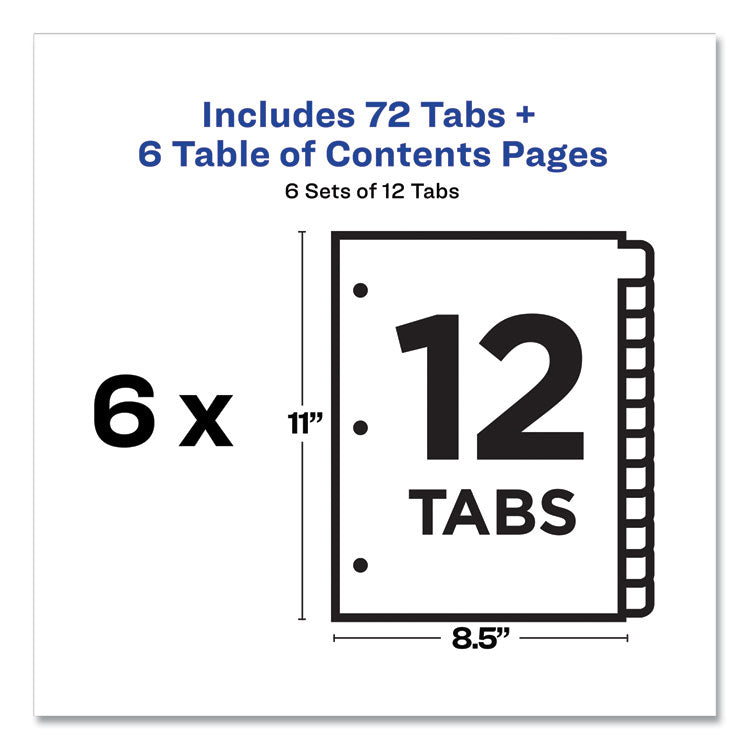 Avery&reg; Customizable Table of Contents Ready Index Black and White Dividers, 12-Tab, 1 to 12, 11 x 8.5, 6 Sets (AVE11824)